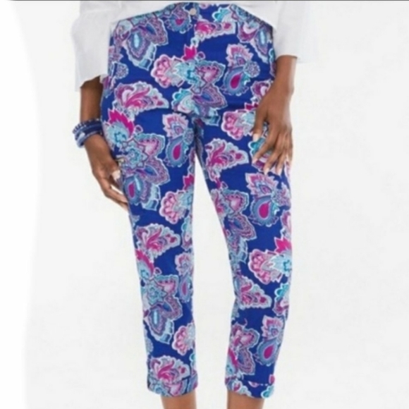 Chicos Luxe Floral Paisley Print Utility Cropped Pants Sz 1 US 8 Medium Stretchy - Picture 1 of 16